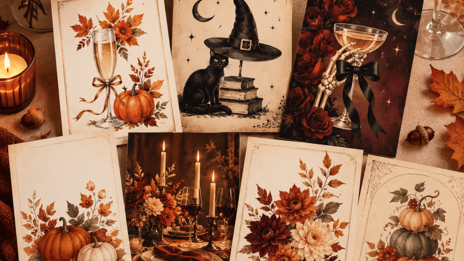 Attachment A cozy autumn flat lay featuring vintage-style prints of pumpkins, fall flowers, a black cat in a witch’s hat, and a skeleton hand holding a champagne glass, surrounded by candles, wine glasses, acorns, and colorful leaves.