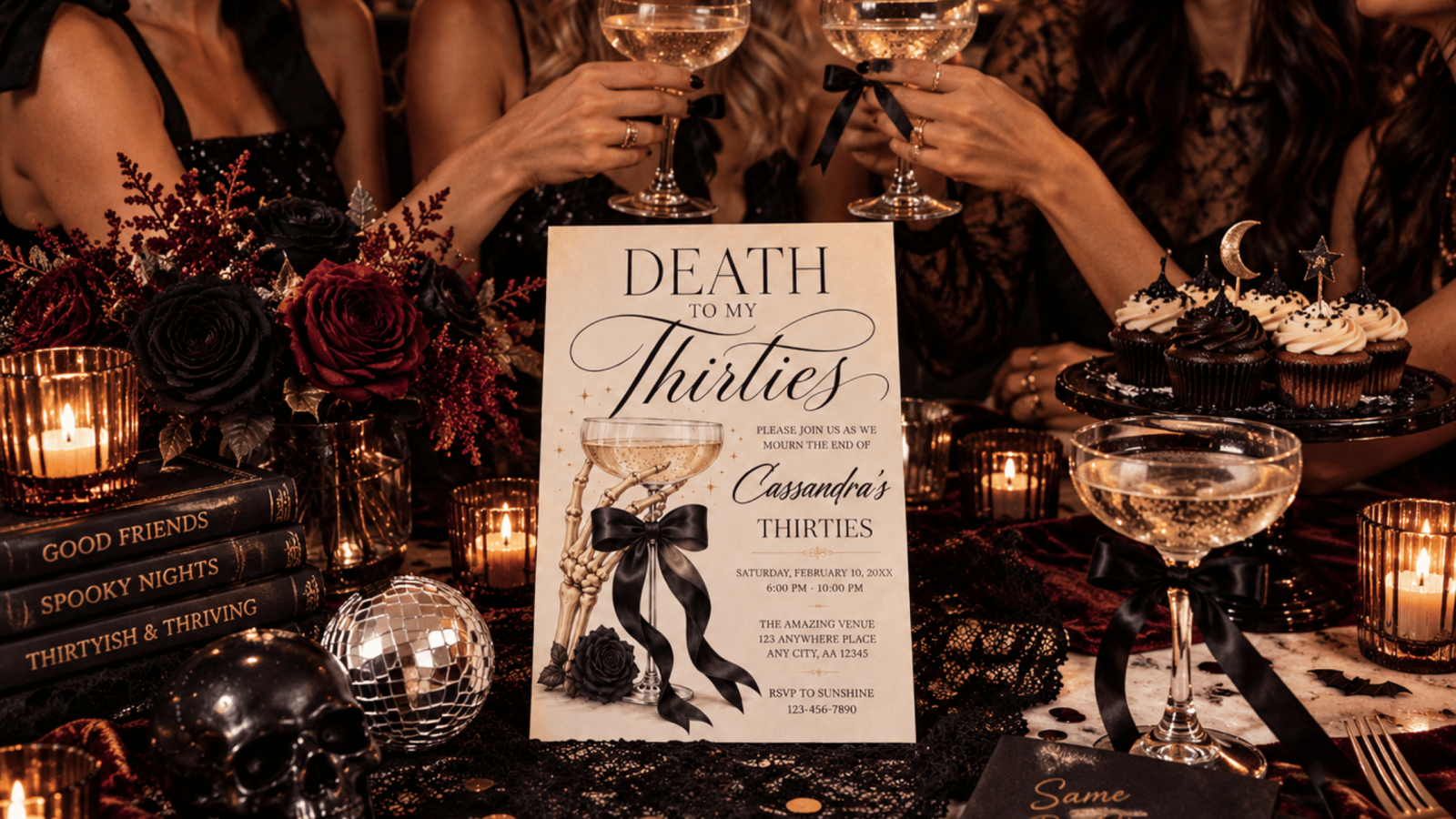 Attachment A gothic “Death to My Thirties” birthday party featuring women in black dresses raising champagne glasses around an elegant invitation, with black and red roses, candlelight, skull décor, disco balls, and Halloween-themed cupcakes.